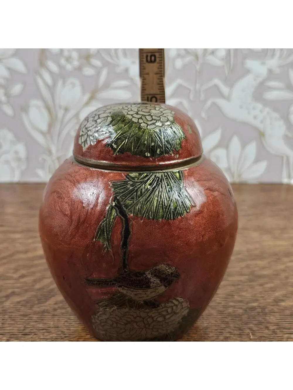 Vintage Brass Lidded Trinket Jar Bird Pine Cone Decor Made in India